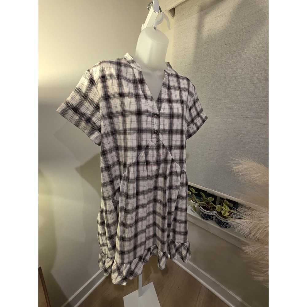 Crinkle Cotton Plaid Babydoll Midi Dress S Brown/White Boho Beachy NWOT - Picture 10 of 16